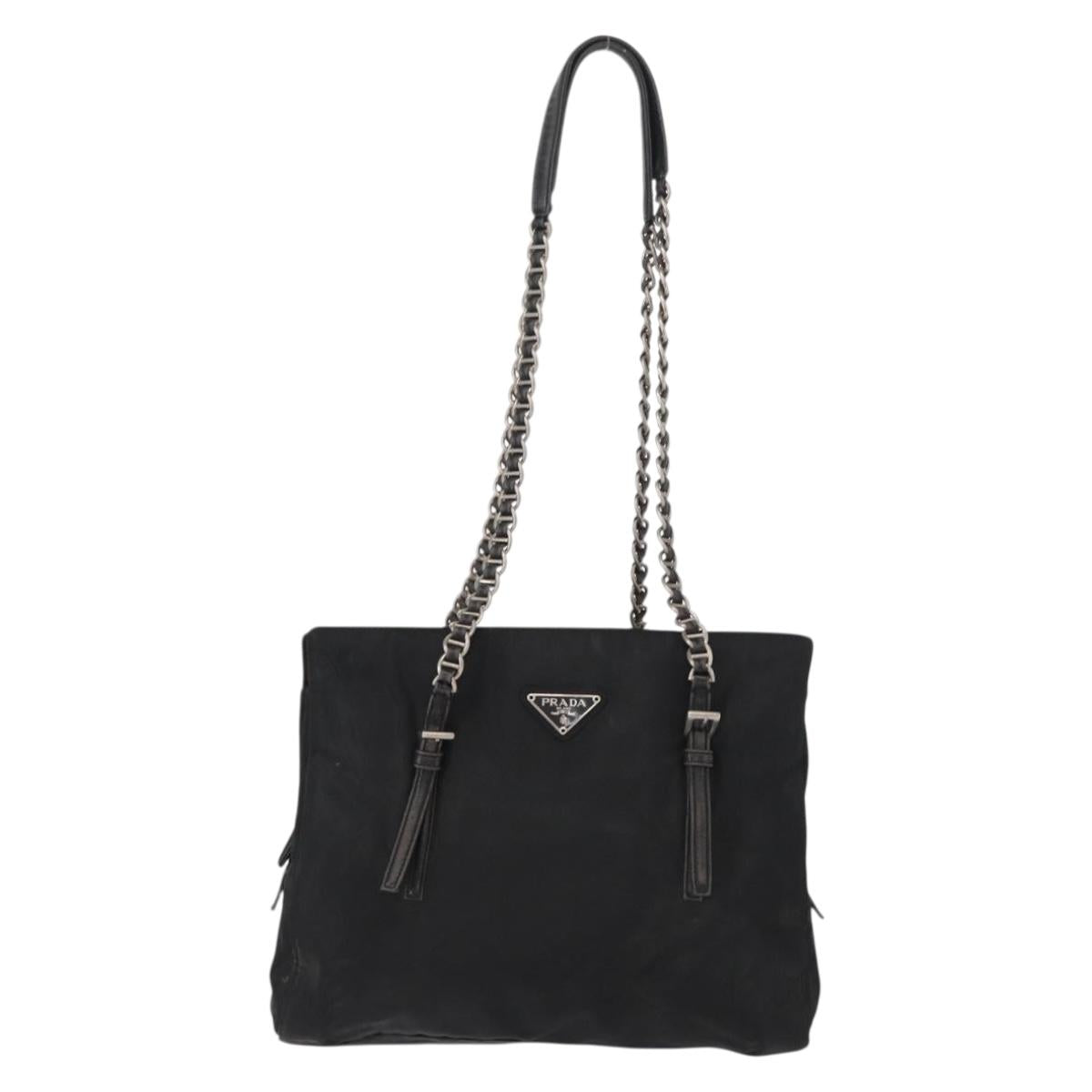 PRADA Chain Shoulder Bag Nylon Black Silver Auth 153059