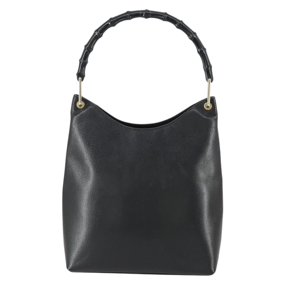 GUCCI Bamboo Hand Bag Leather Black Gold 001 2122 3006 Auth 153081