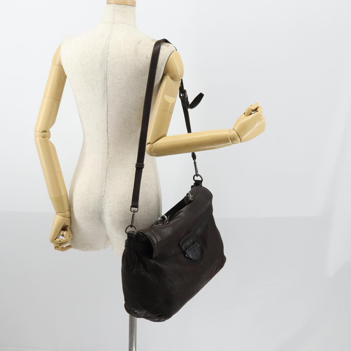 PRADA Hand Bag Leather 2way Brown Silver Auth 153083