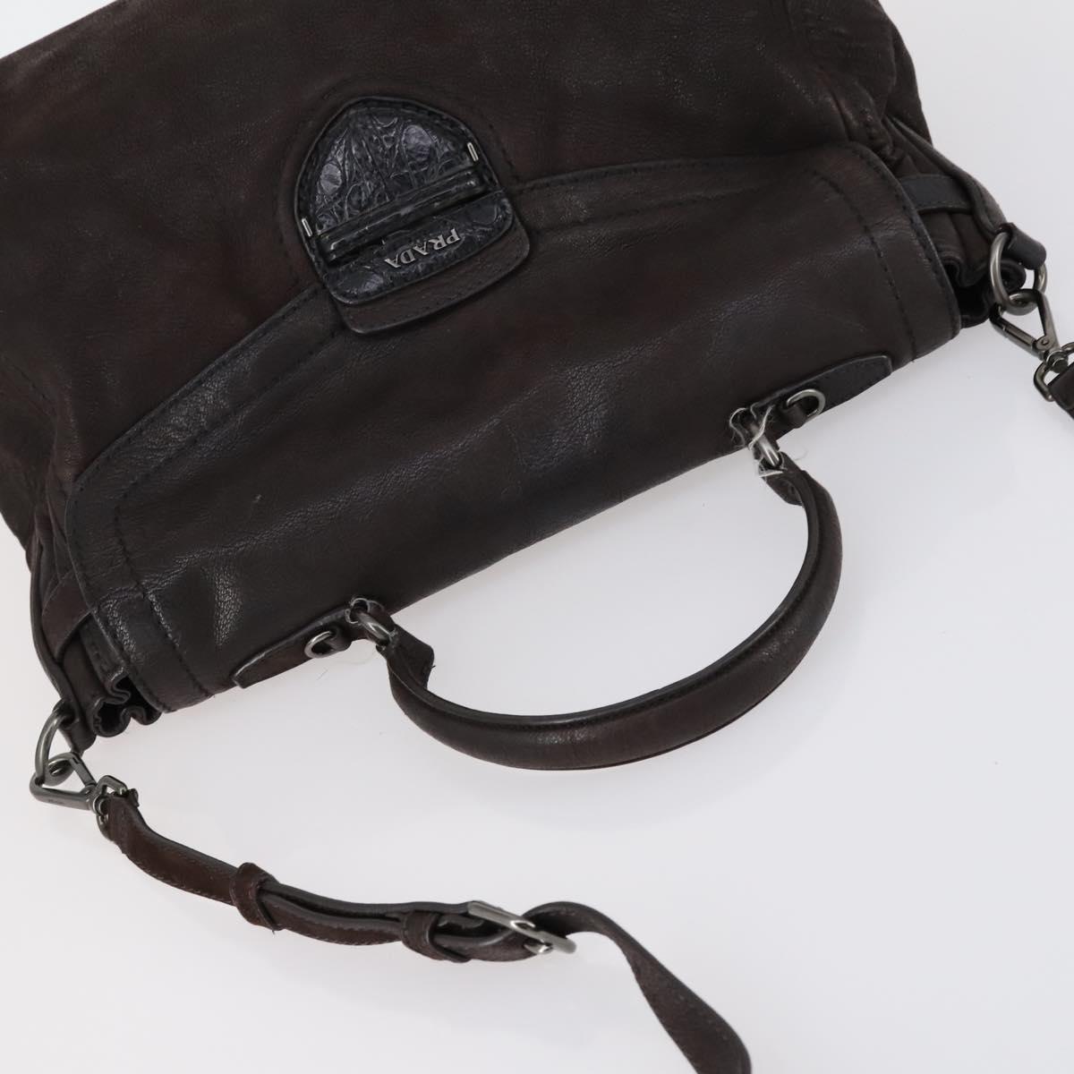 PRADA Hand Bag Leather 2way Brown Silver Auth 153083