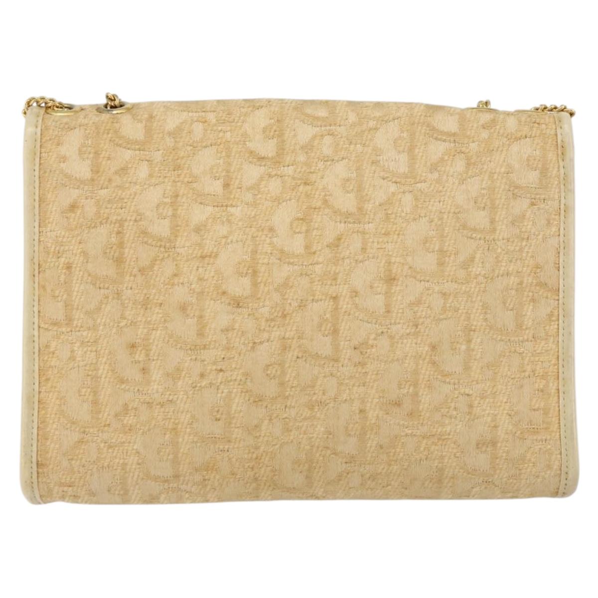 Christian Dior Trotter Canvas Chain Shoulder Bag Beige Gold Auth 153098