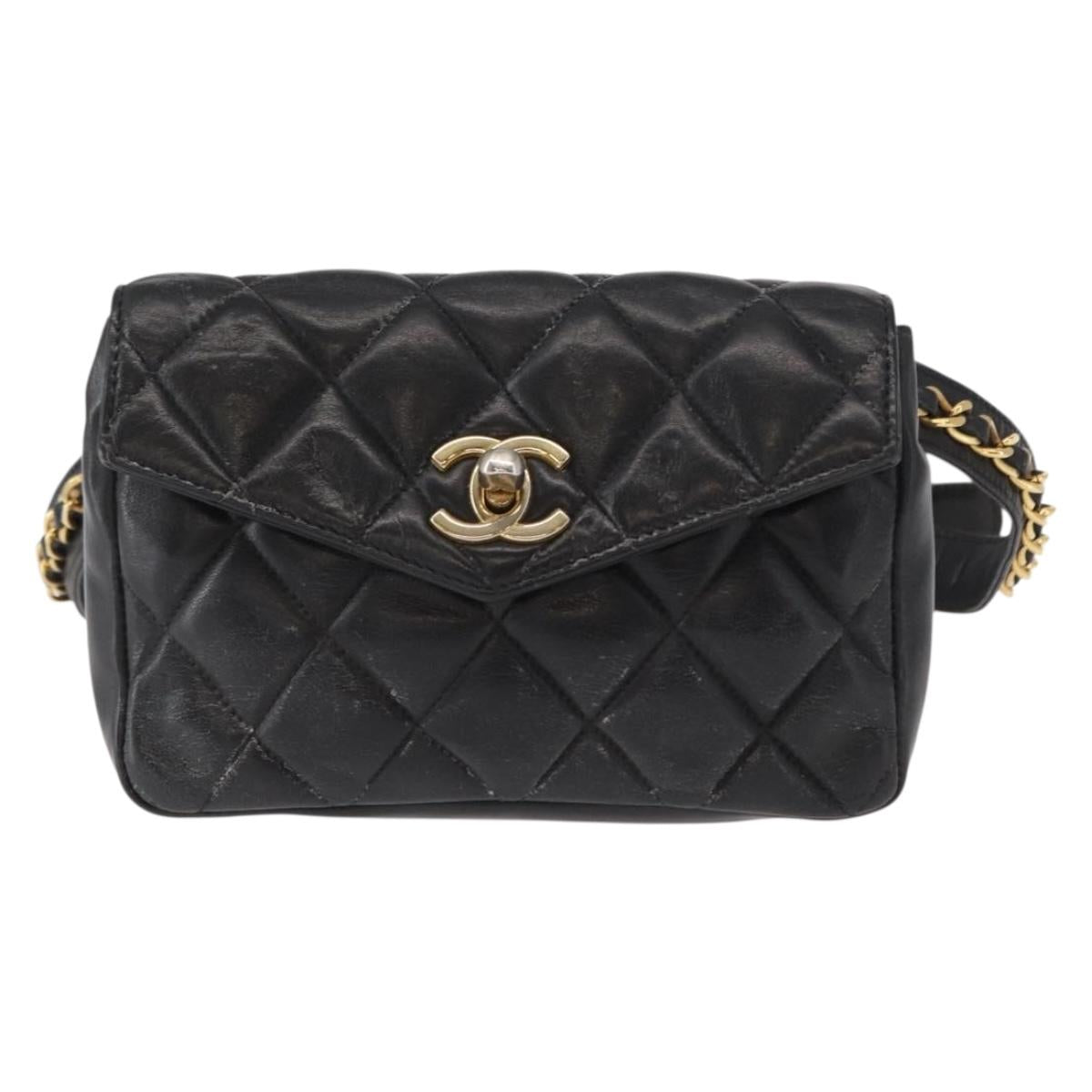 CHANEL COCO Mark Matelasse Waist bag Leather Black Gold CC Auth 153101