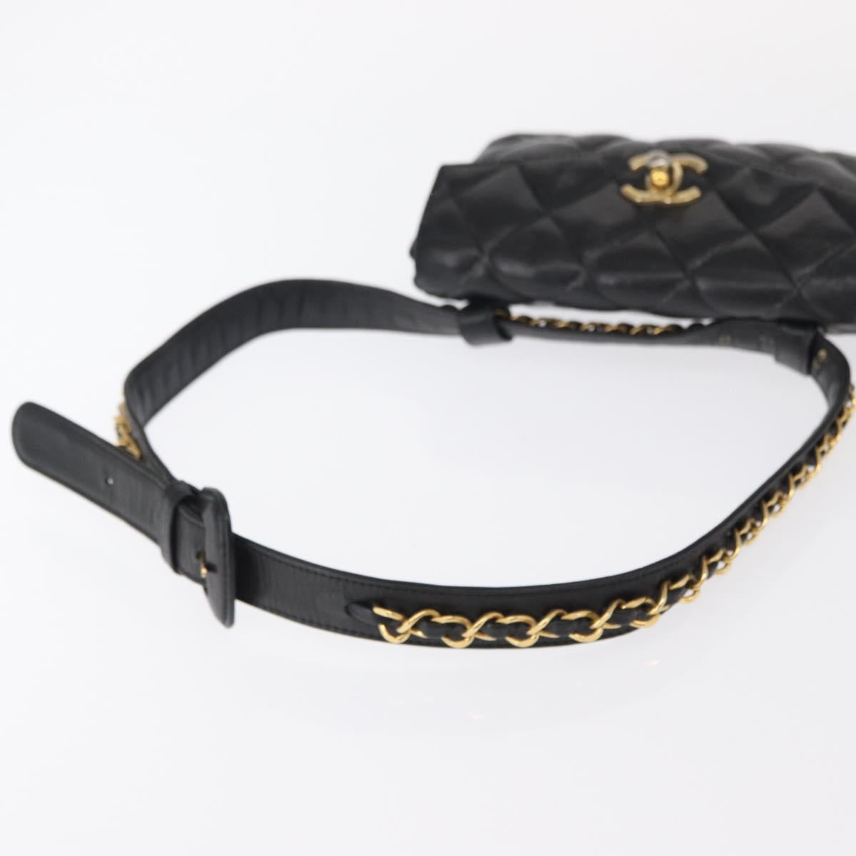 CHANEL COCO Mark Matelasse Waist bag Leather Black Gold CC Auth 153101