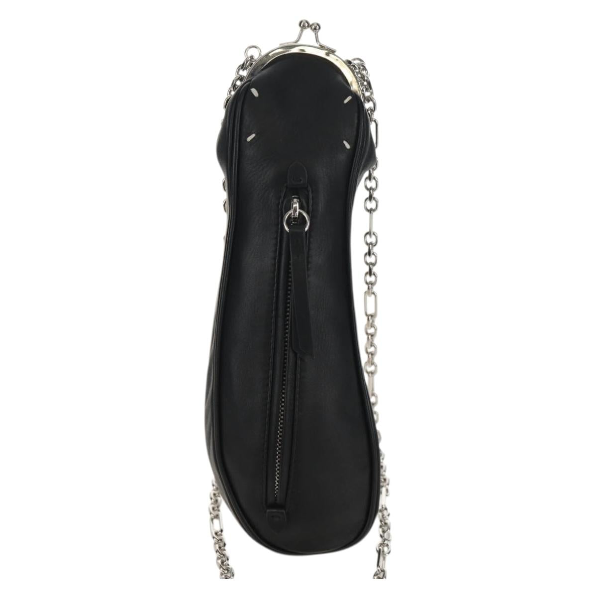 Maison Margiela Chain Tabi Style Shoulder Bag Leather Black Silver Auth 153102M