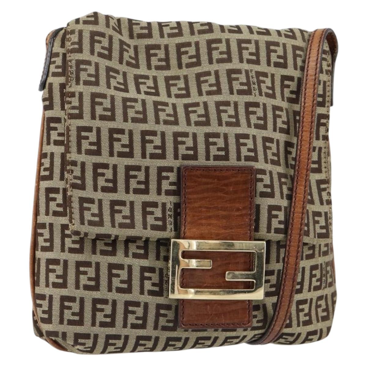 FENDI Zucchino Canvas Shoulder Bag Beige Gold Auth 153110