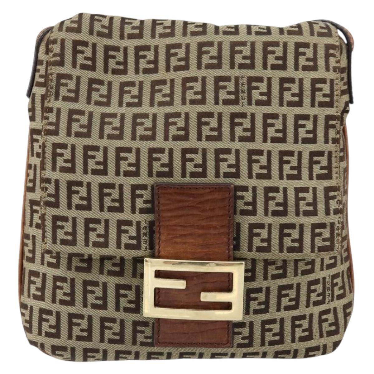 FENDI Zucchino Canvas Shoulder Bag Beige Gold Auth 153110