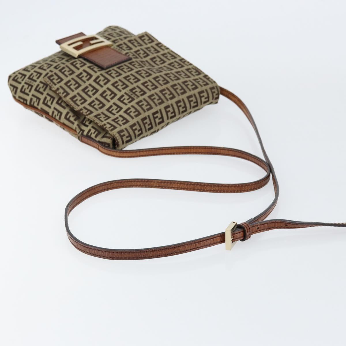 FENDI Zucchino Canvas Shoulder Bag Beige Gold Auth 153110