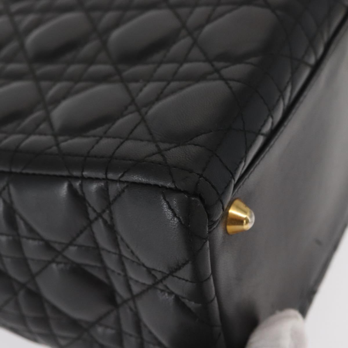 Christian Dior Canage Lady Dior Hand Bag Lamb Skin Black Gold Auth 153111