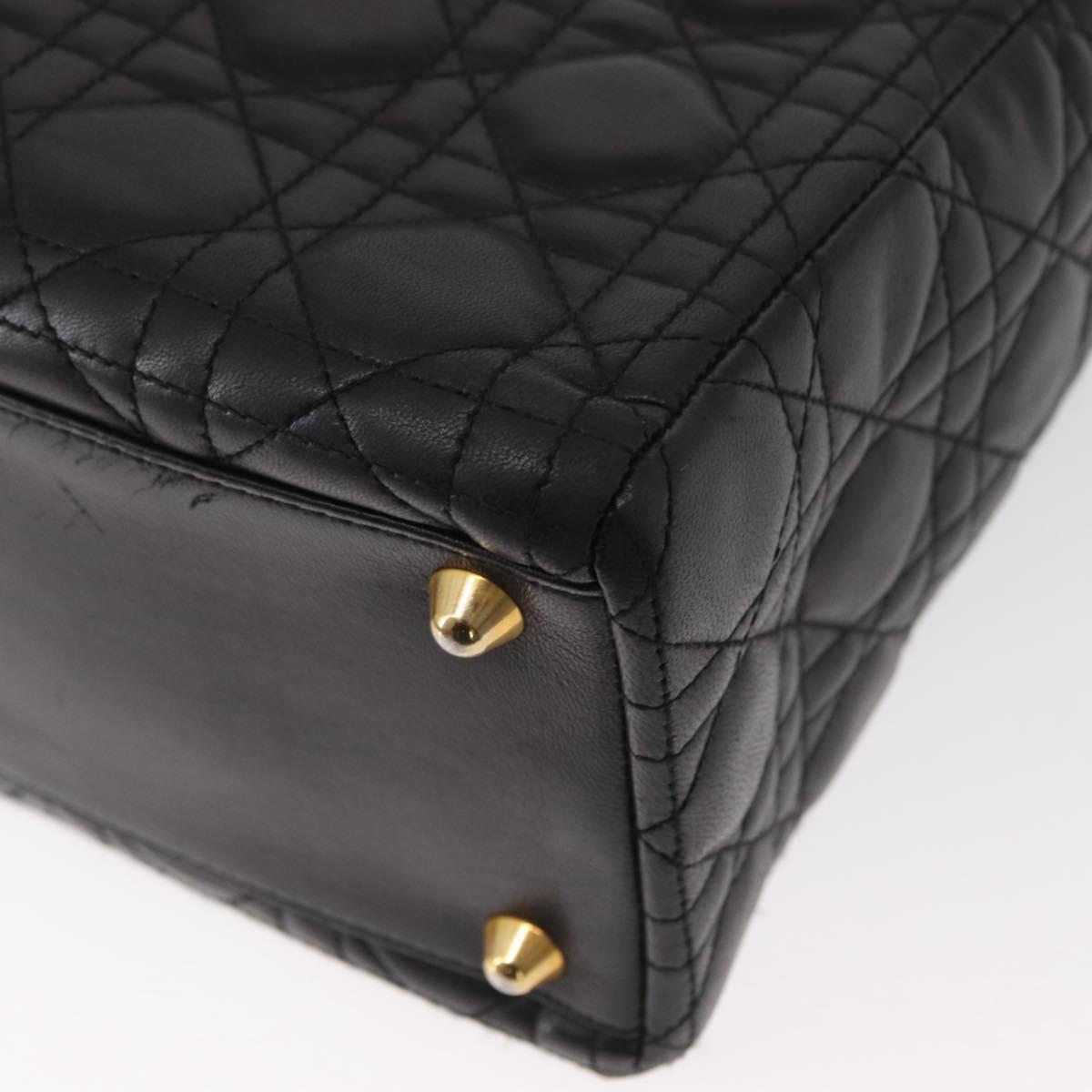 Christian Dior Canage Lady Dior Hand Bag Lamb Skin Black Gold Auth 153111