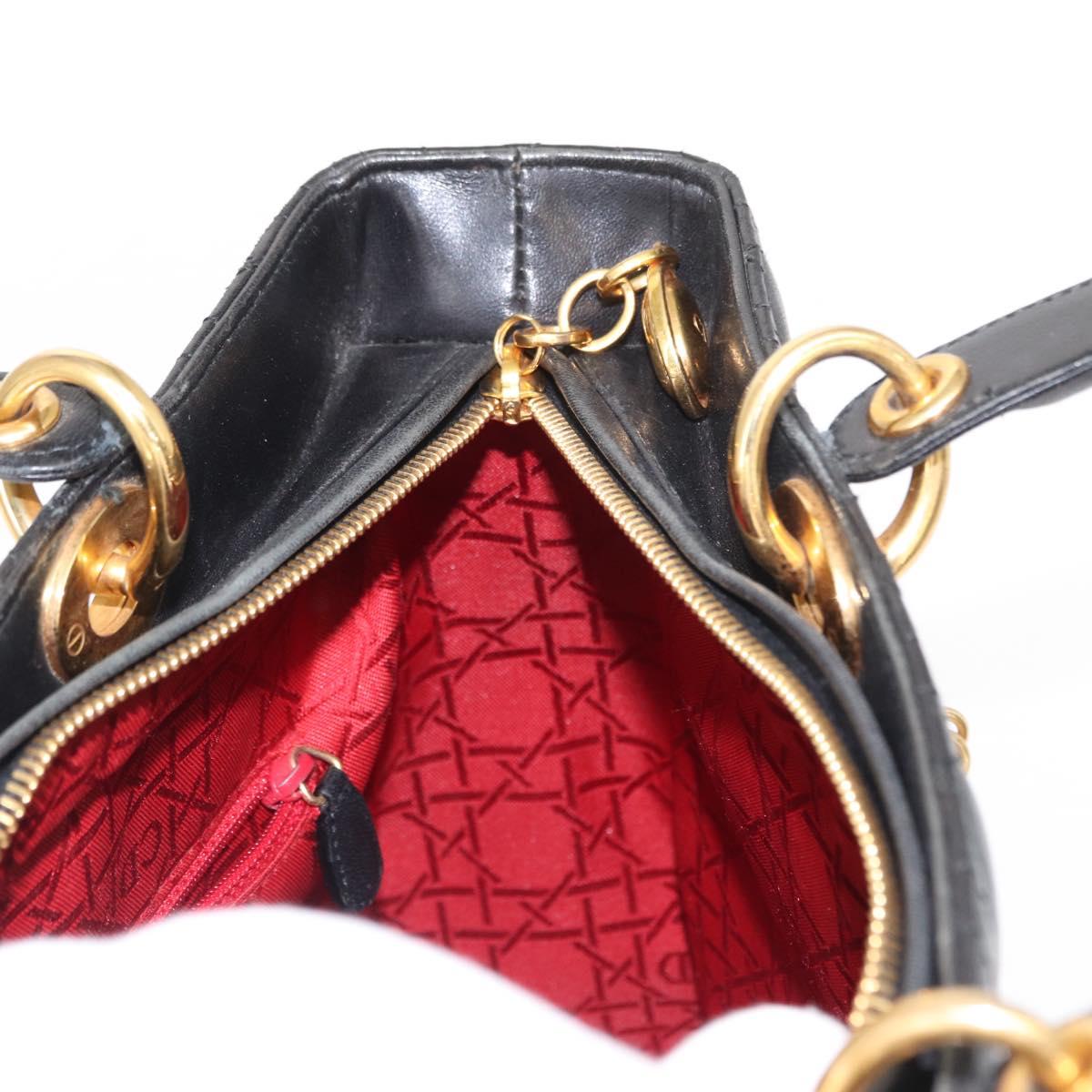 Christian Dior Canage Lady Dior Hand Bag Lamb Skin Black Gold Auth 153111