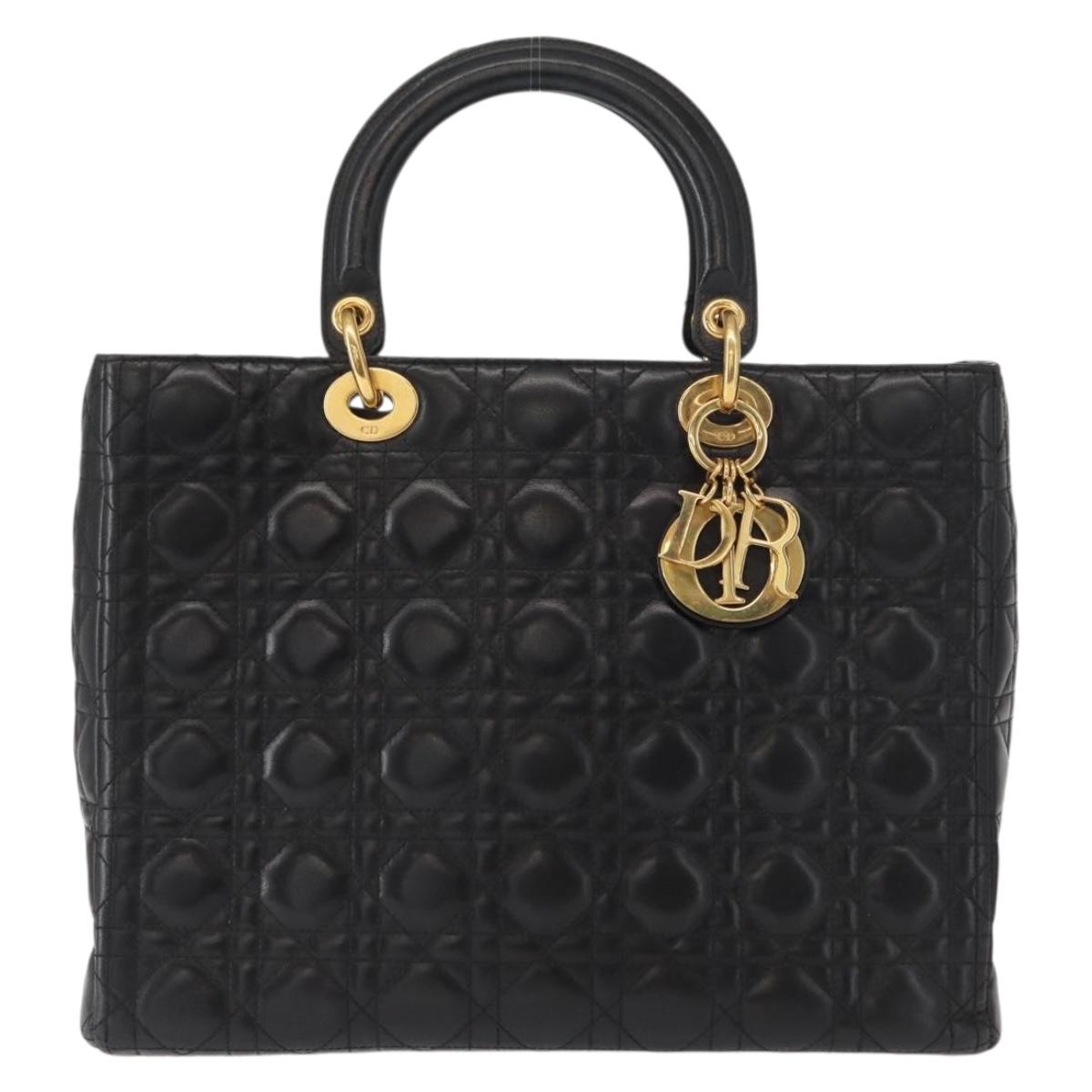 Christian Dior Canage Lady Dior Hand Bag Lamb Skin Black Gold Auth 153111