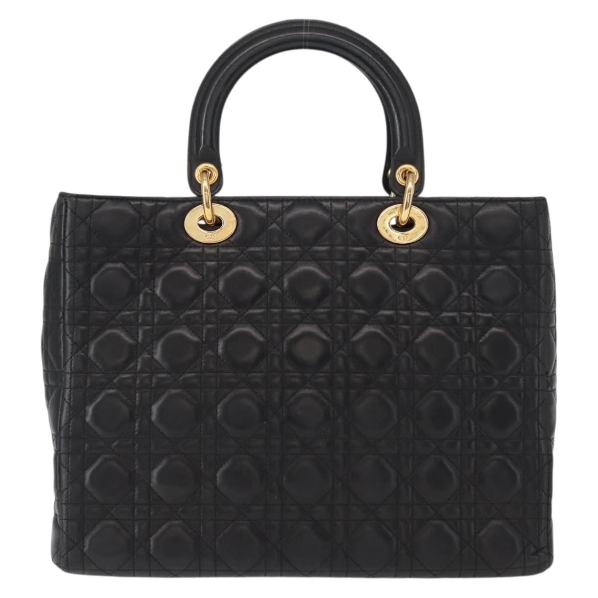 Christian Dior Canage Lady Dior Hand Bag Lamb Skin Black Gold Auth 153111