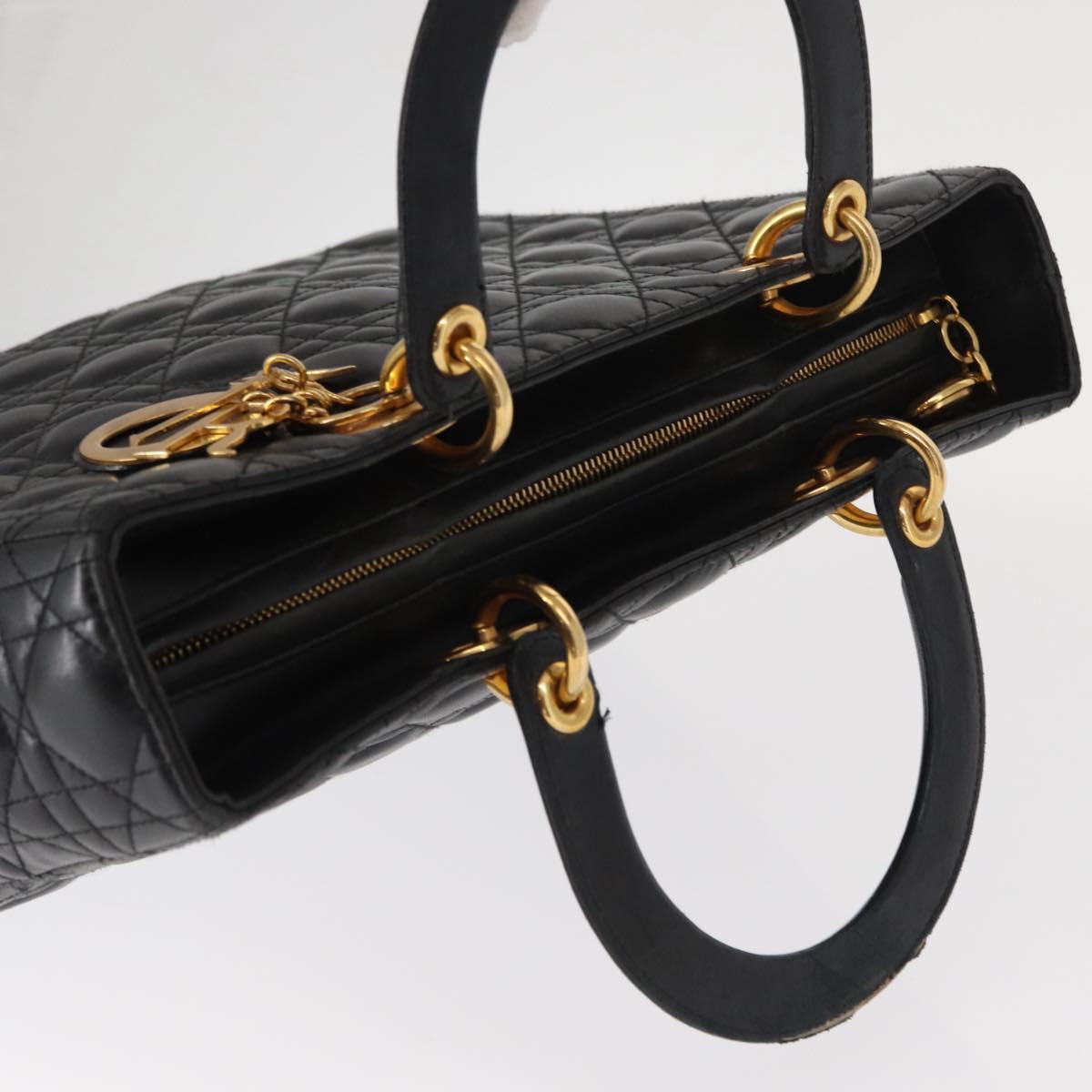 Christian Dior Canage Lady Dior Hand Bag Lamb Skin Black Gold Auth 153111