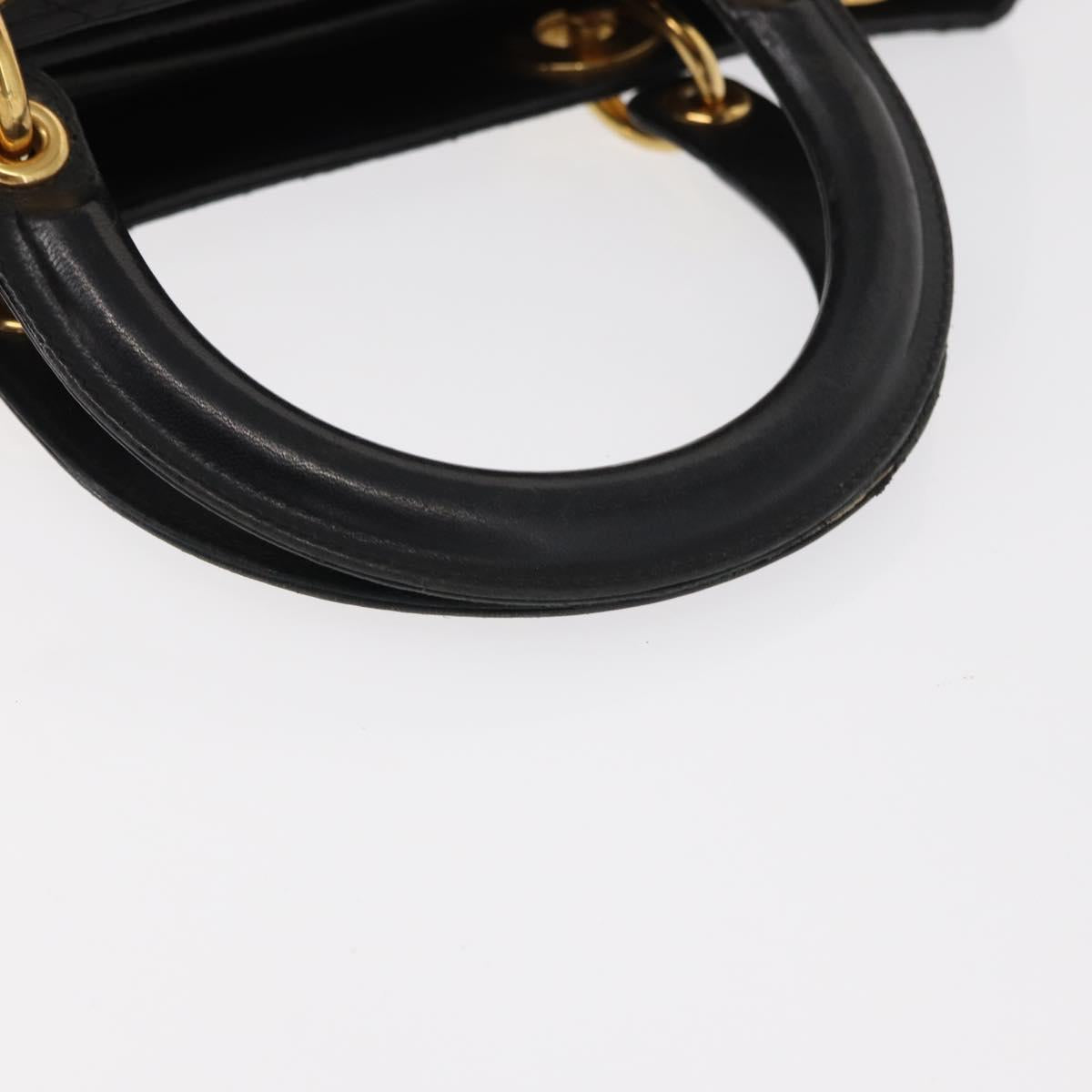 Christian Dior Canage Lady Dior Hand Bag Lamb Skin Black Gold Auth 153111