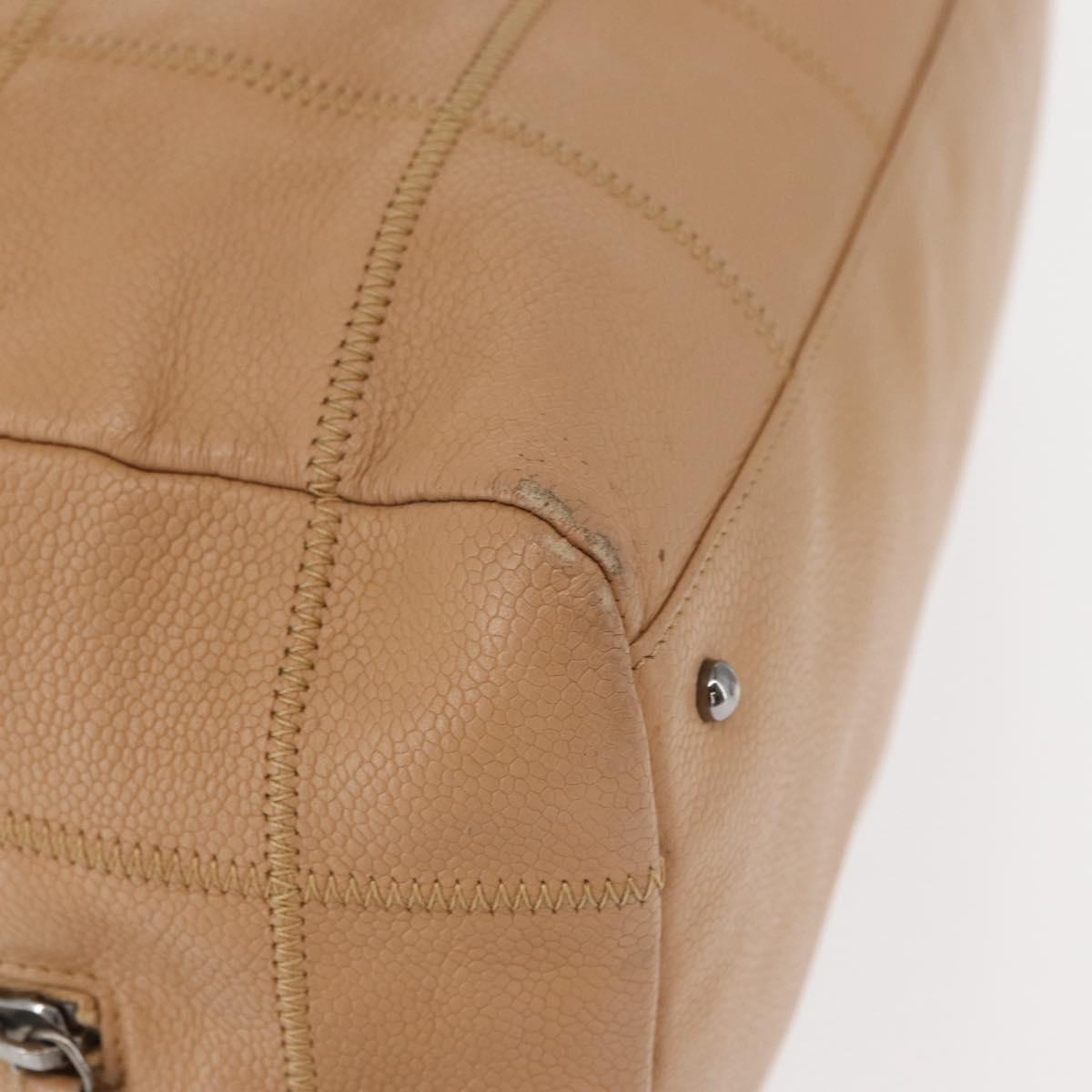 CHANEL Choco Bar Shoulder Bag Caviar Skin Beige Silver CC Auth 153112