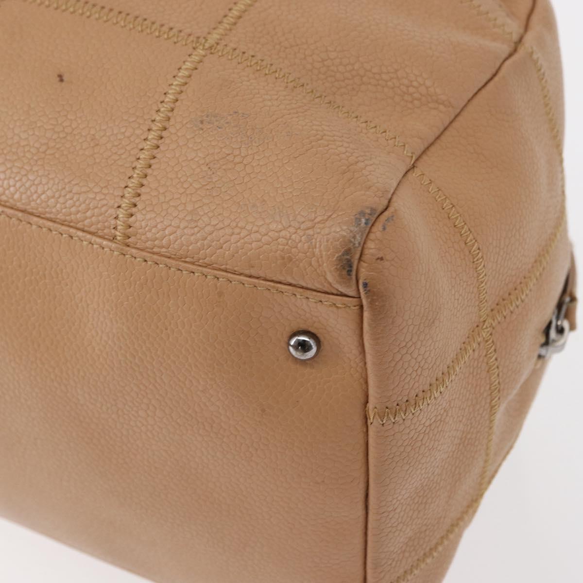 CHANEL Choco Bar Shoulder Bag Caviar Skin Beige Silver CC Auth 153112