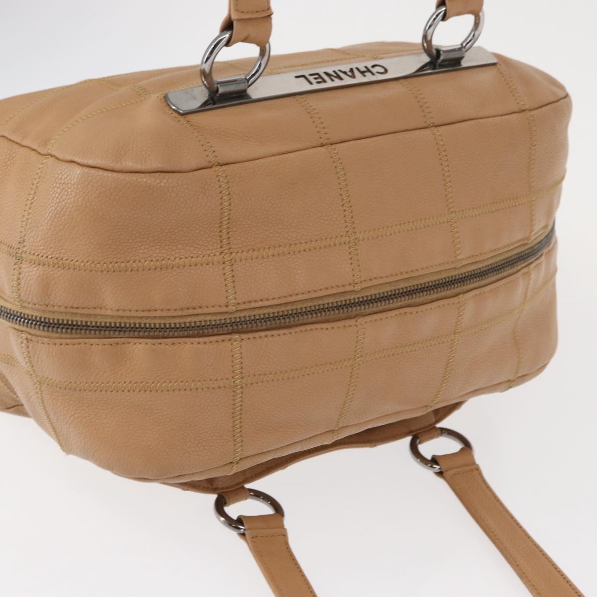 CHANEL Choco Bar Shoulder Bag Caviar Skin Beige Silver CC Auth 153112