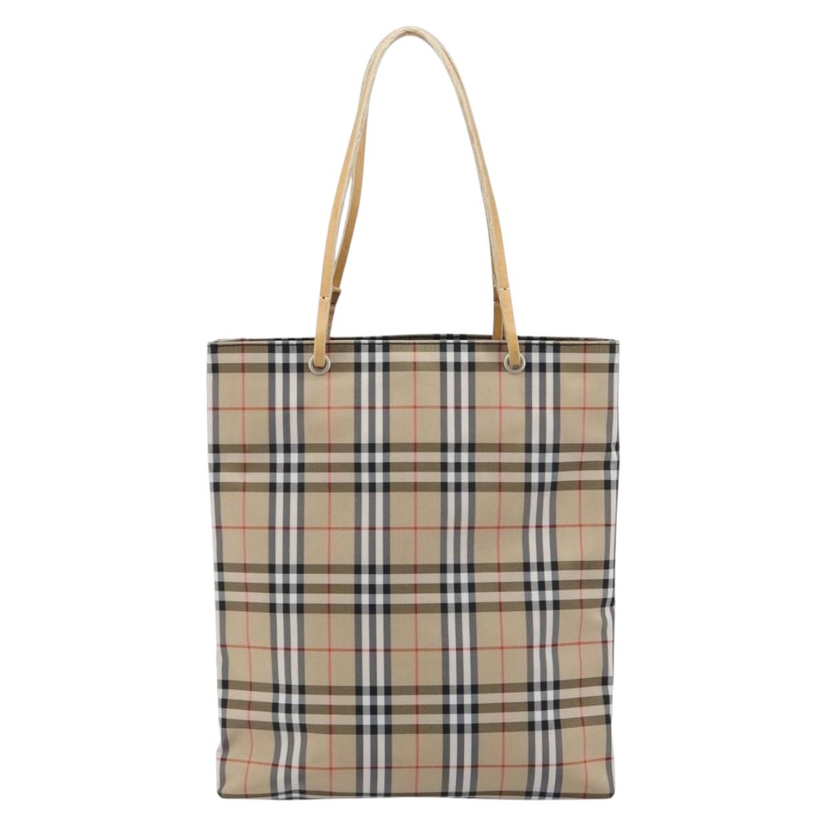 BURBERRY Nova Check Tote Bag Nylon Beige Silver Auth 153114