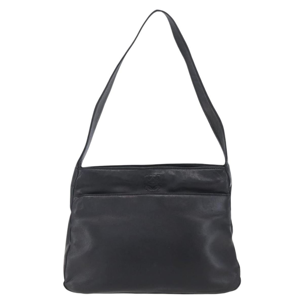 LOEWE anagram Shoulder Bag Leather Black Gold Auth 153121