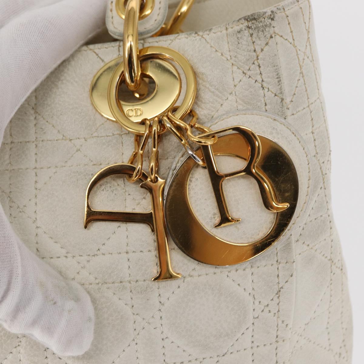 Christian Dior Lady Dior Canage Hand Bag Leather White Gold Auth 153122