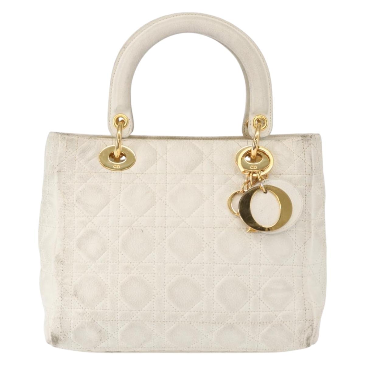 Christian Dior Lady Dior Canage Hand Bag Leather White Gold Auth 153122