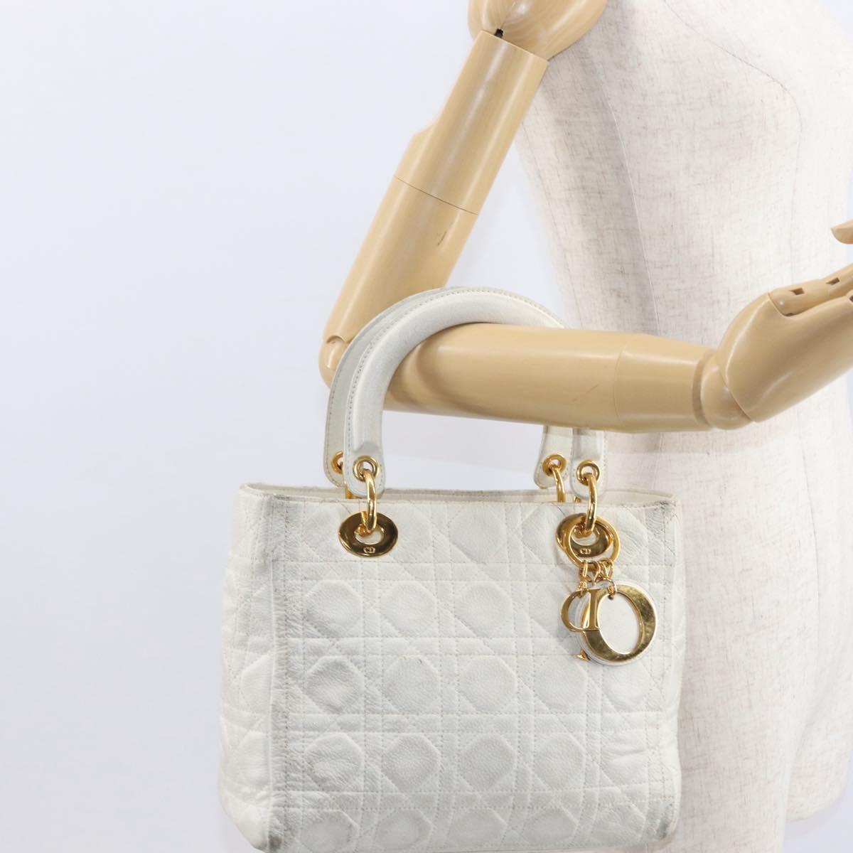 Christian Dior Lady Dior Canage Hand Bag Leather White Gold Auth 153122