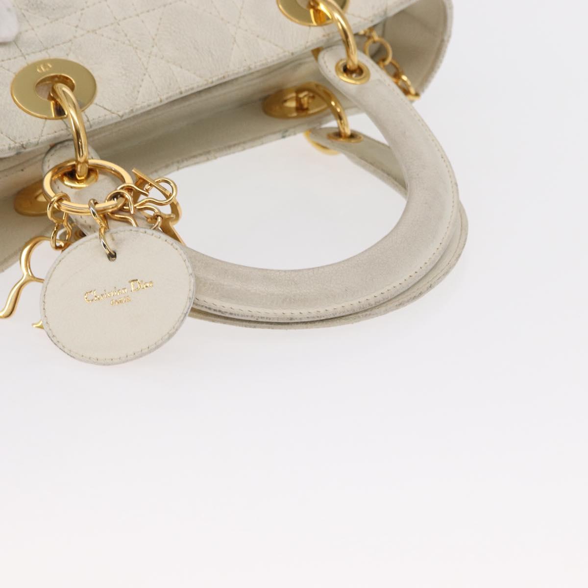 Christian Dior Lady Dior Canage Hand Bag Leather White Gold Auth 153122