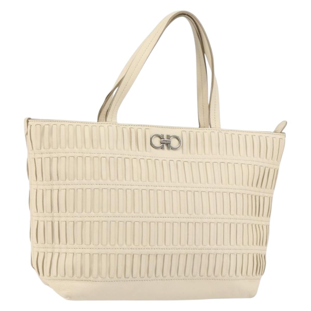 Salvatore Ferragamo Tote Bag Leather Beige Silver Auth 153124
