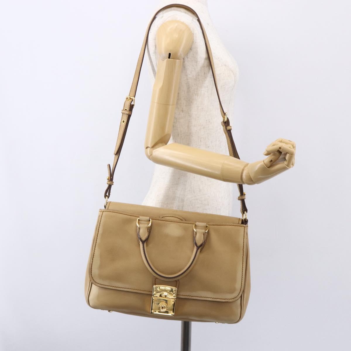 Miu Miu Hand Bag Leather 2way Beige Gold Auth 153125