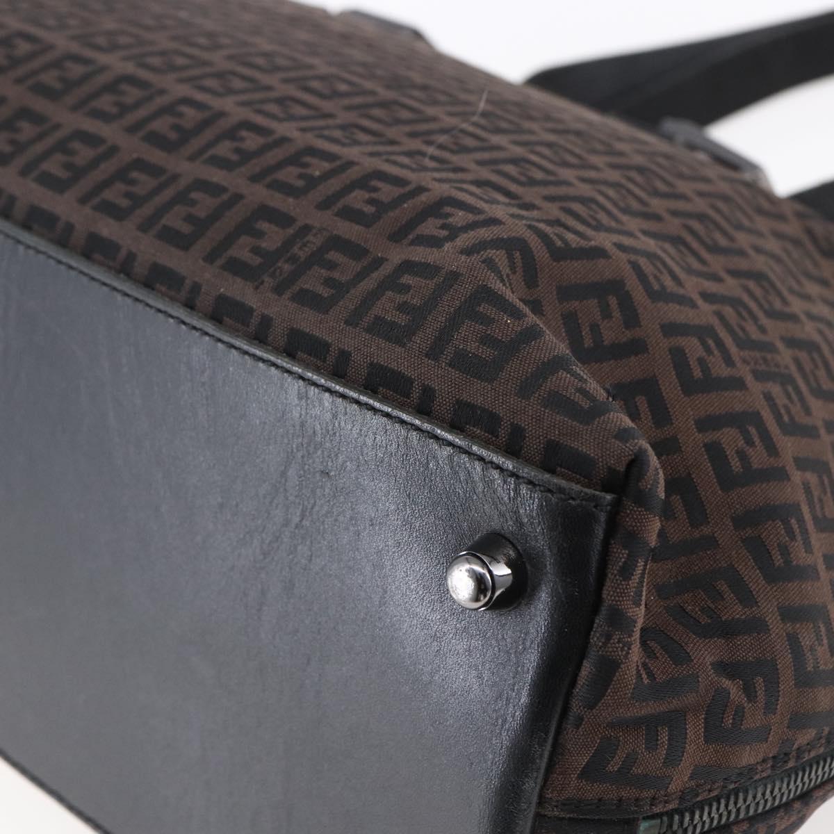 FENDI Zucchino Canvas Tote Bag Brown Silver Auth 153133