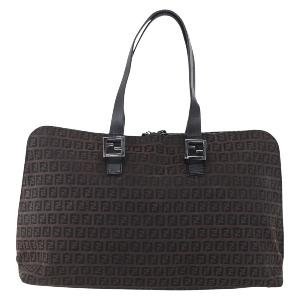 FENDI Zucchino Canvas Tote Bag Brown Silver Auth 153133