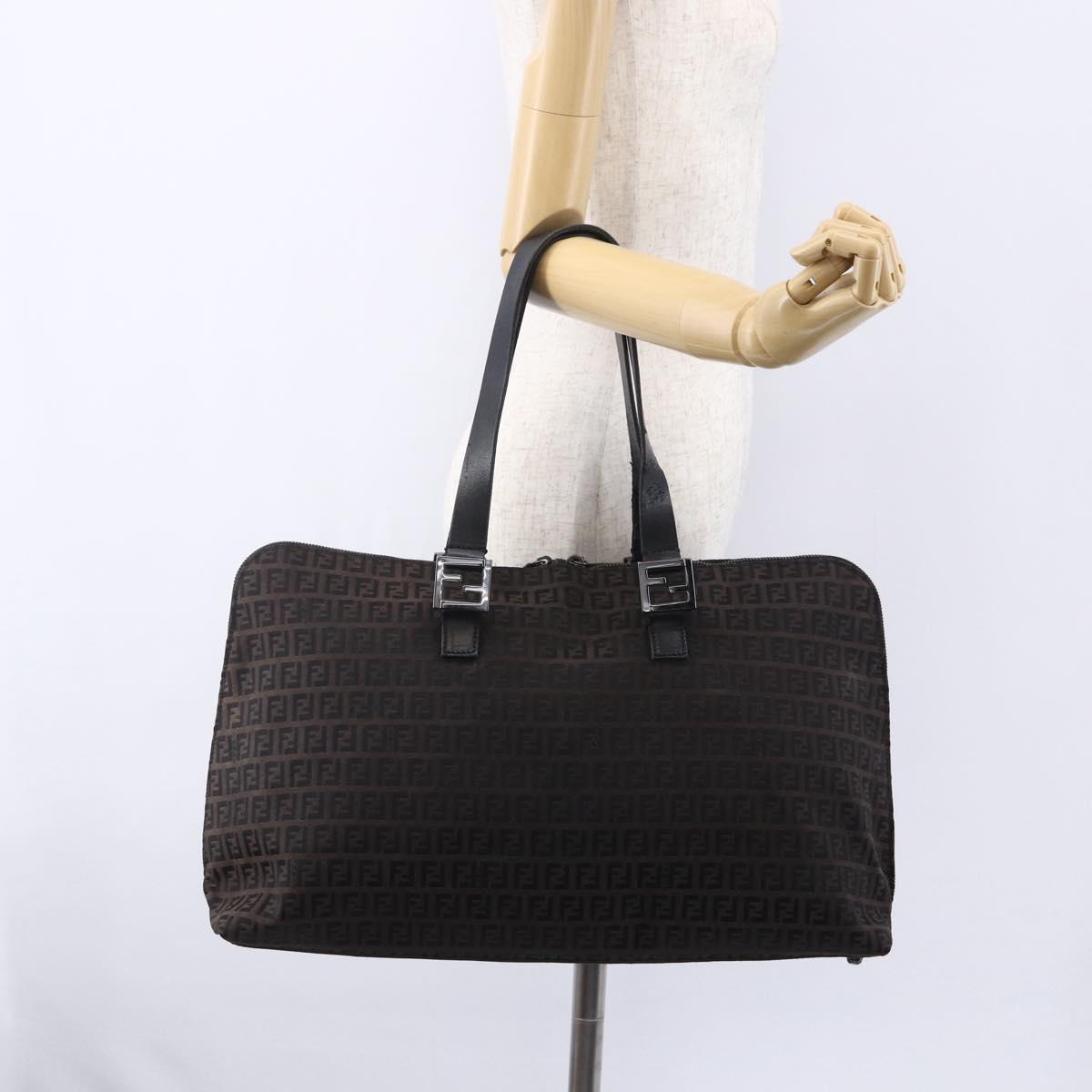 FENDI Zucchino Canvas Tote Bag Brown Silver Auth 153133