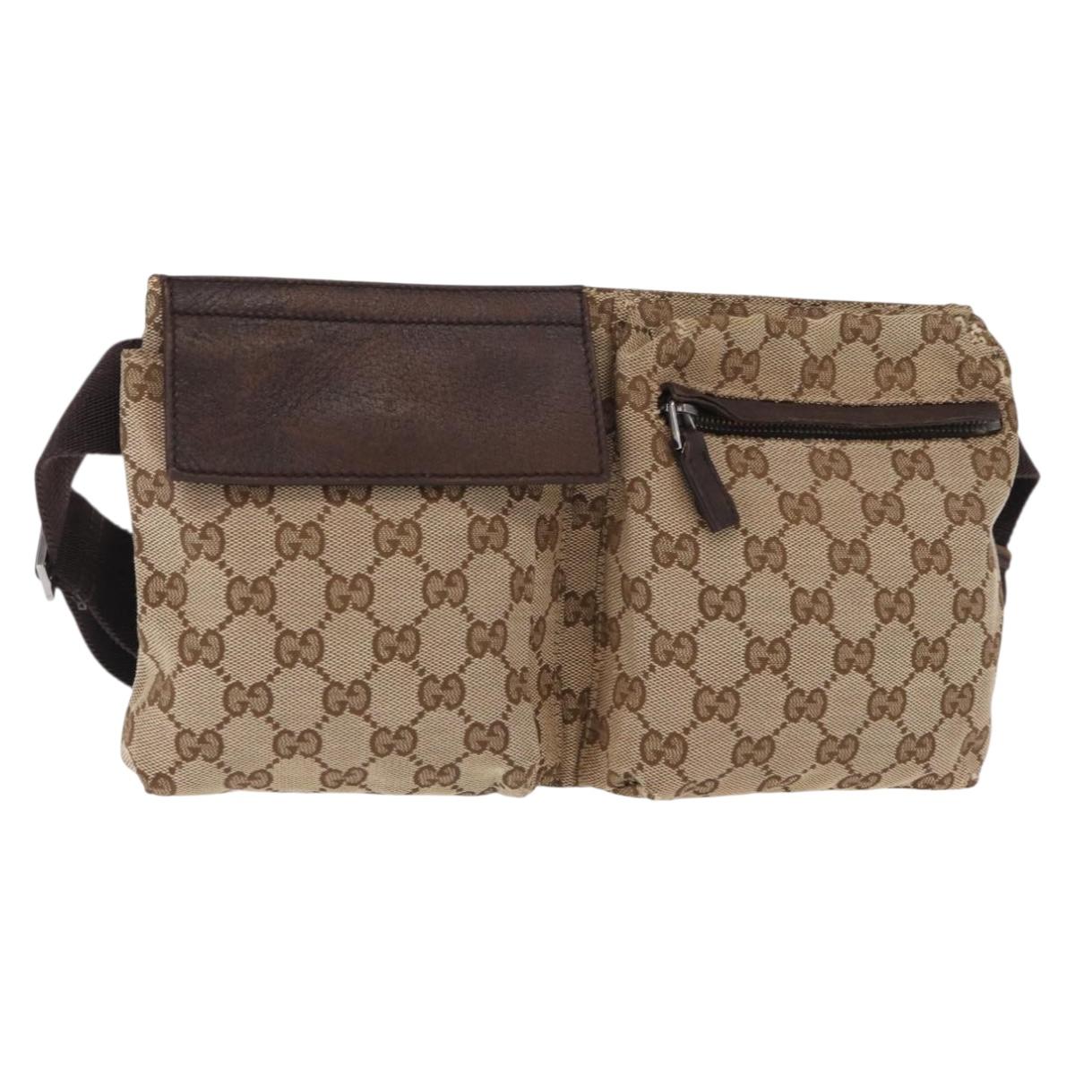 GUCCI GG Canvas Waist Bag Beige Silver 28566 Auth 153142