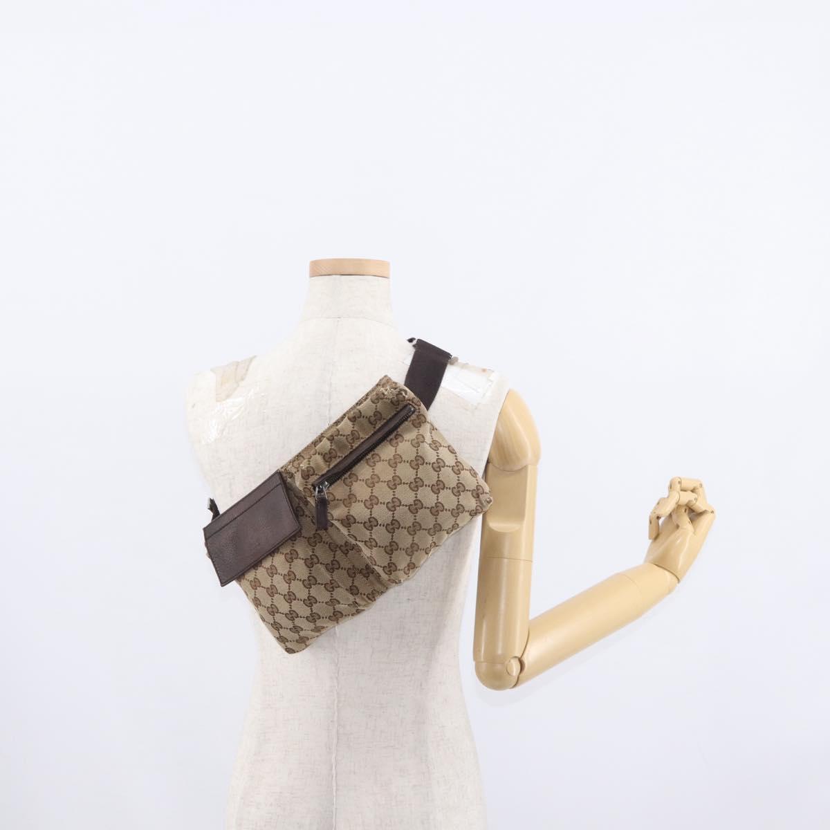 GUCCI GG Canvas Waist Bag Beige Silver 28566 Auth 153142