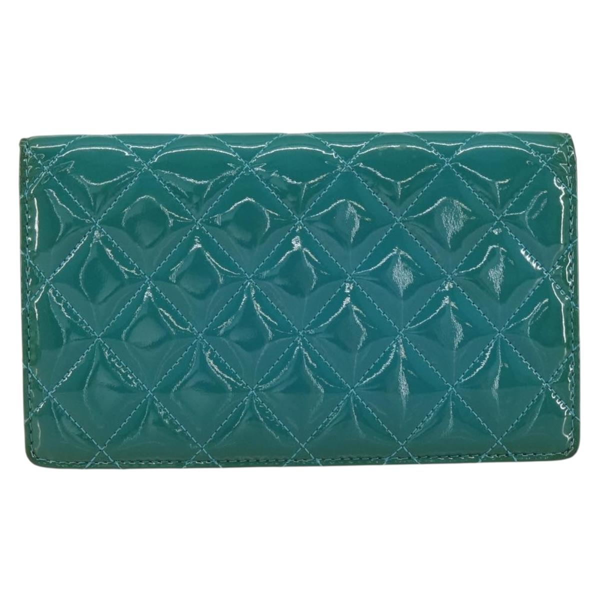 CHANEL Matelasse Long Wallet Patent leather Blue Silver CC Auth 153143