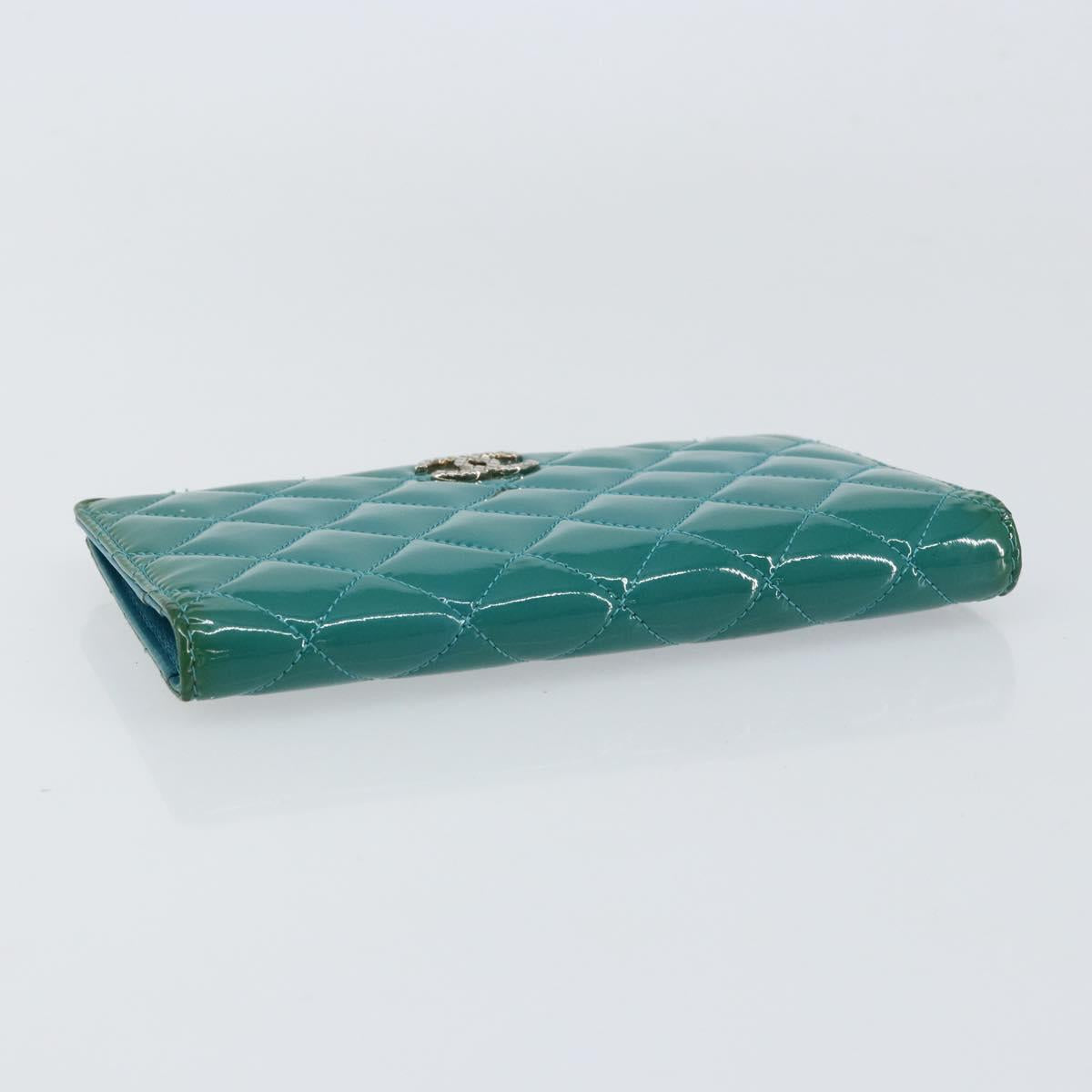CHANEL Matelasse Long Wallet Patent leather Blue Silver CC Auth 153143