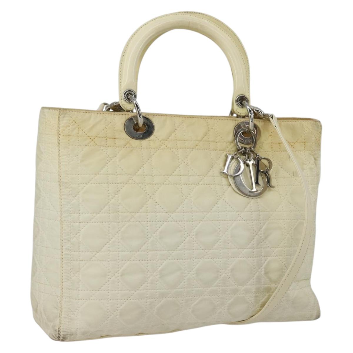Christian Dior Canage Lady Dior Hand Bag Nylon 2way Ivory Silver Auth 153173