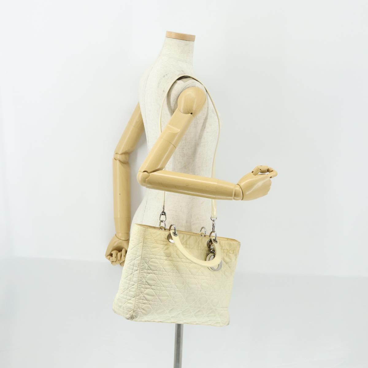 Christian Dior Canage Lady Dior Hand Bag Nylon 2way Ivory Silver Auth 153173