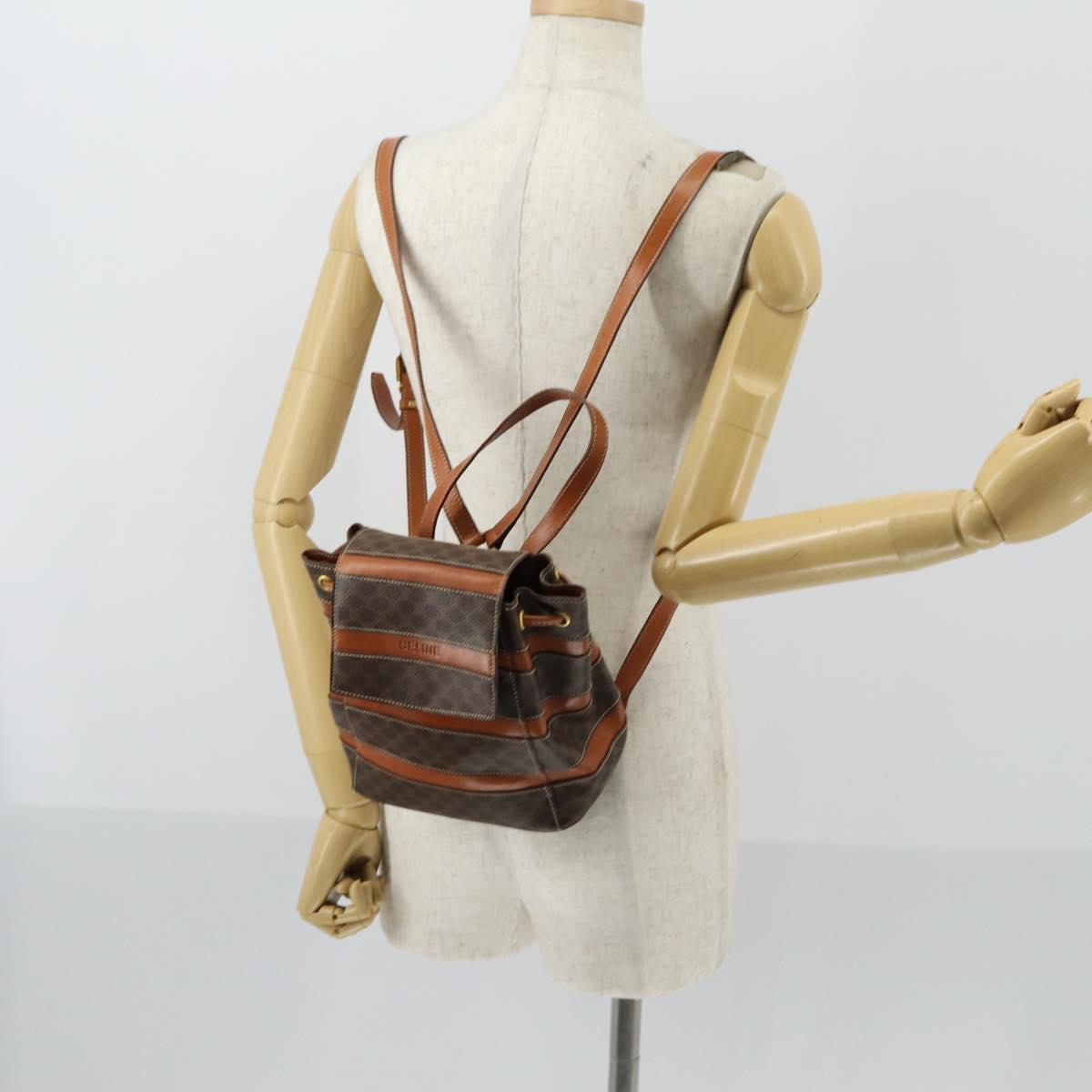 CELINE Macadam Canvas Backpack PVC Leather Brown Gold Auth 153182V