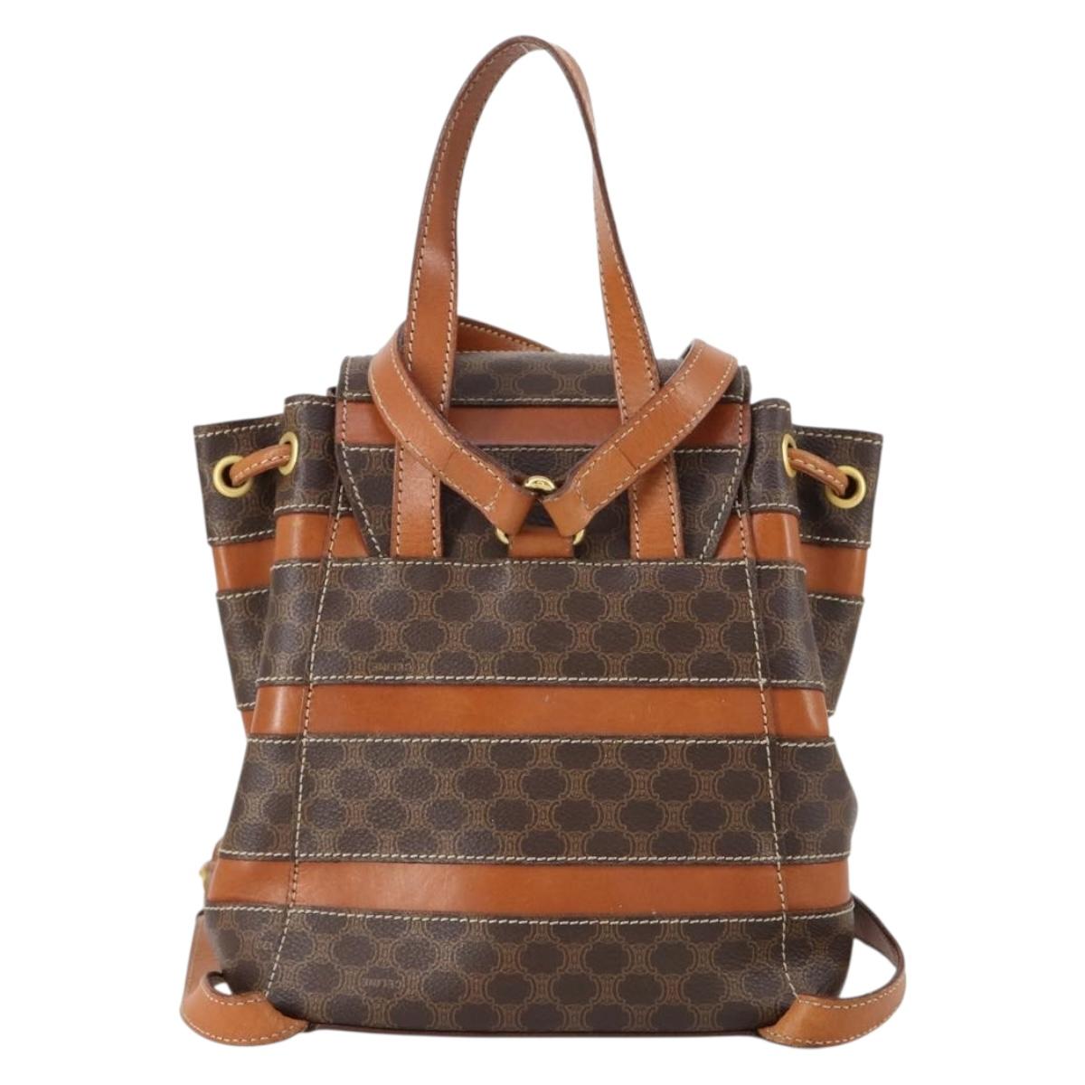 CELINE Macadam Canvas Backpack PVC Leather Brown Gold Auth 153182V