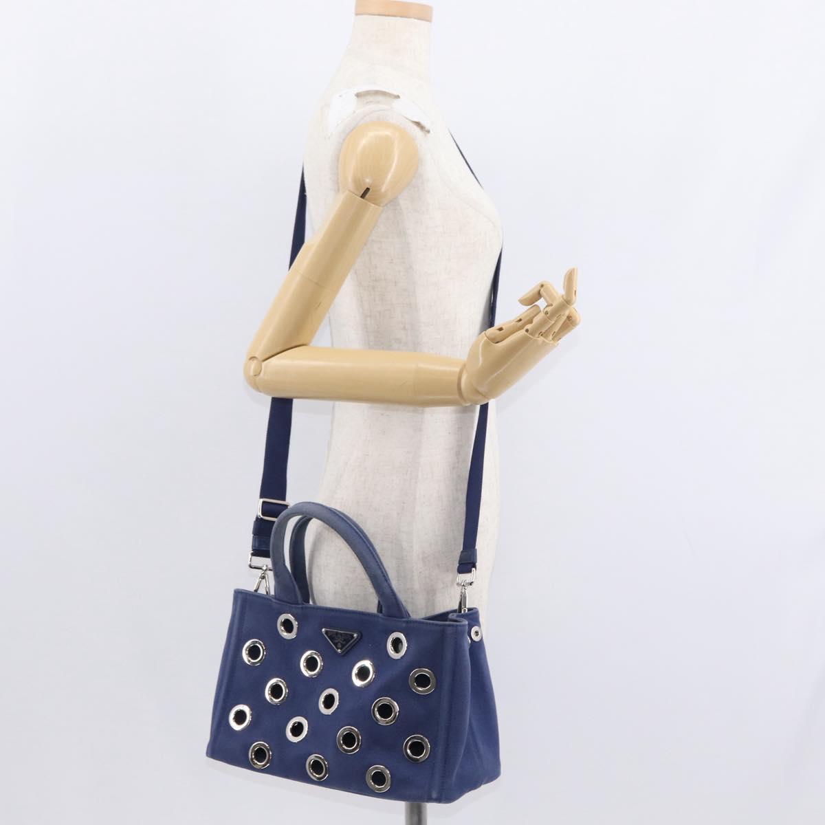 PRADA Canapa PM Hand Bag Canvas 2way Blue Silver Auth 153195