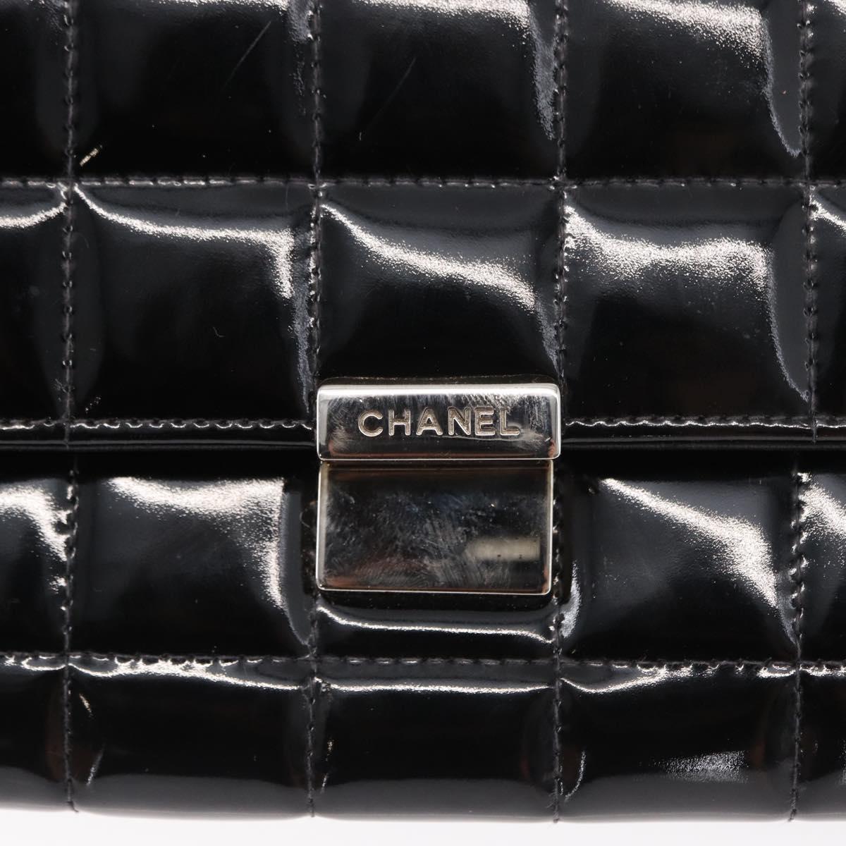 CHANEL Choco Bar Chain Shoulder Bag patent Black Silver CC Auth 153210