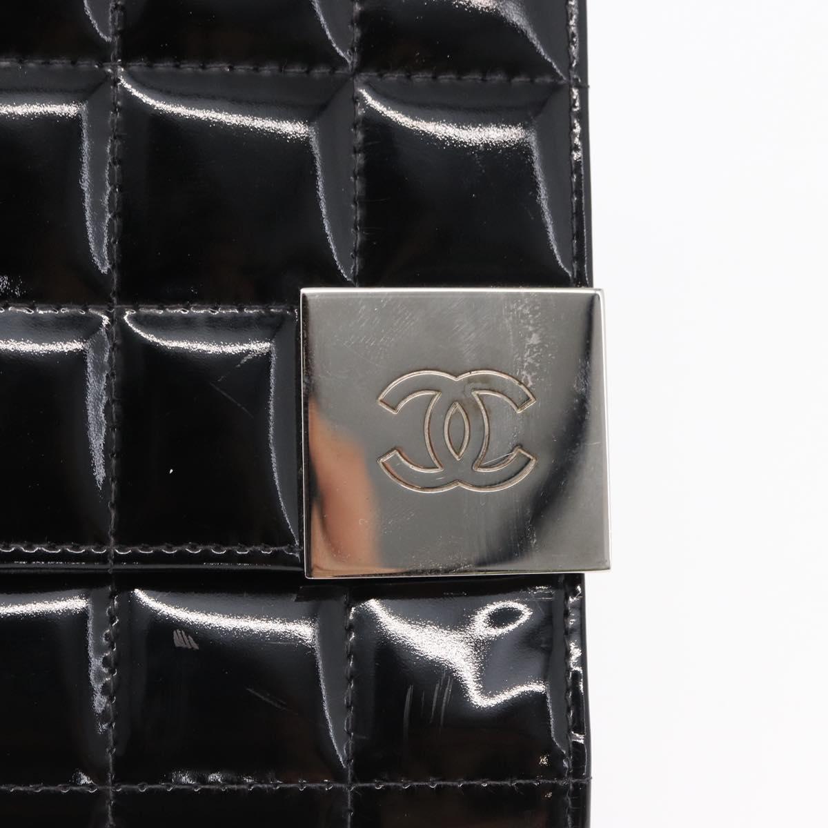 CHANEL Choco Bar Chain Shoulder Bag patent Black Silver CC Auth 153210