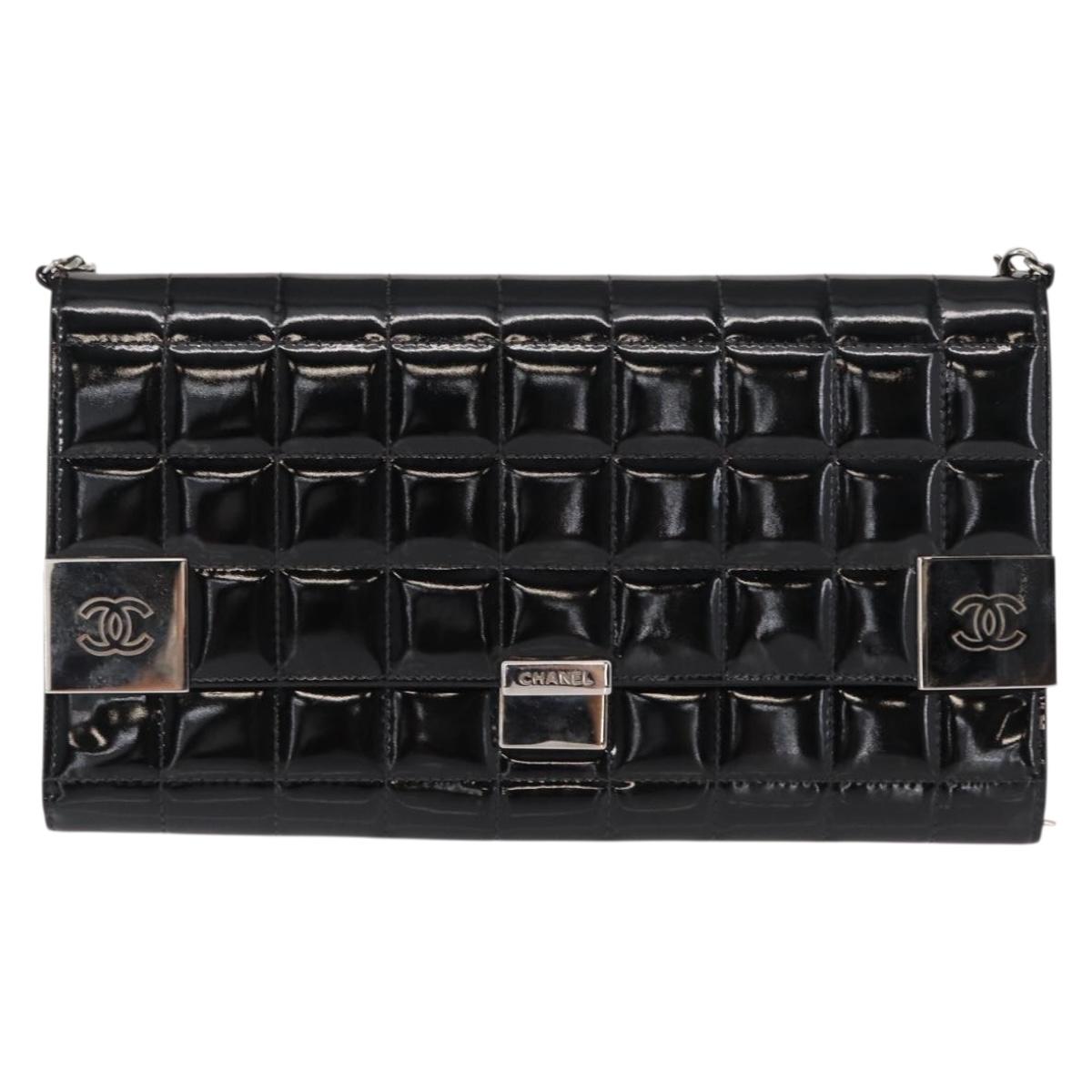 CHANEL Choco Bar Chain Shoulder Bag patent Black Silver CC Auth 153210