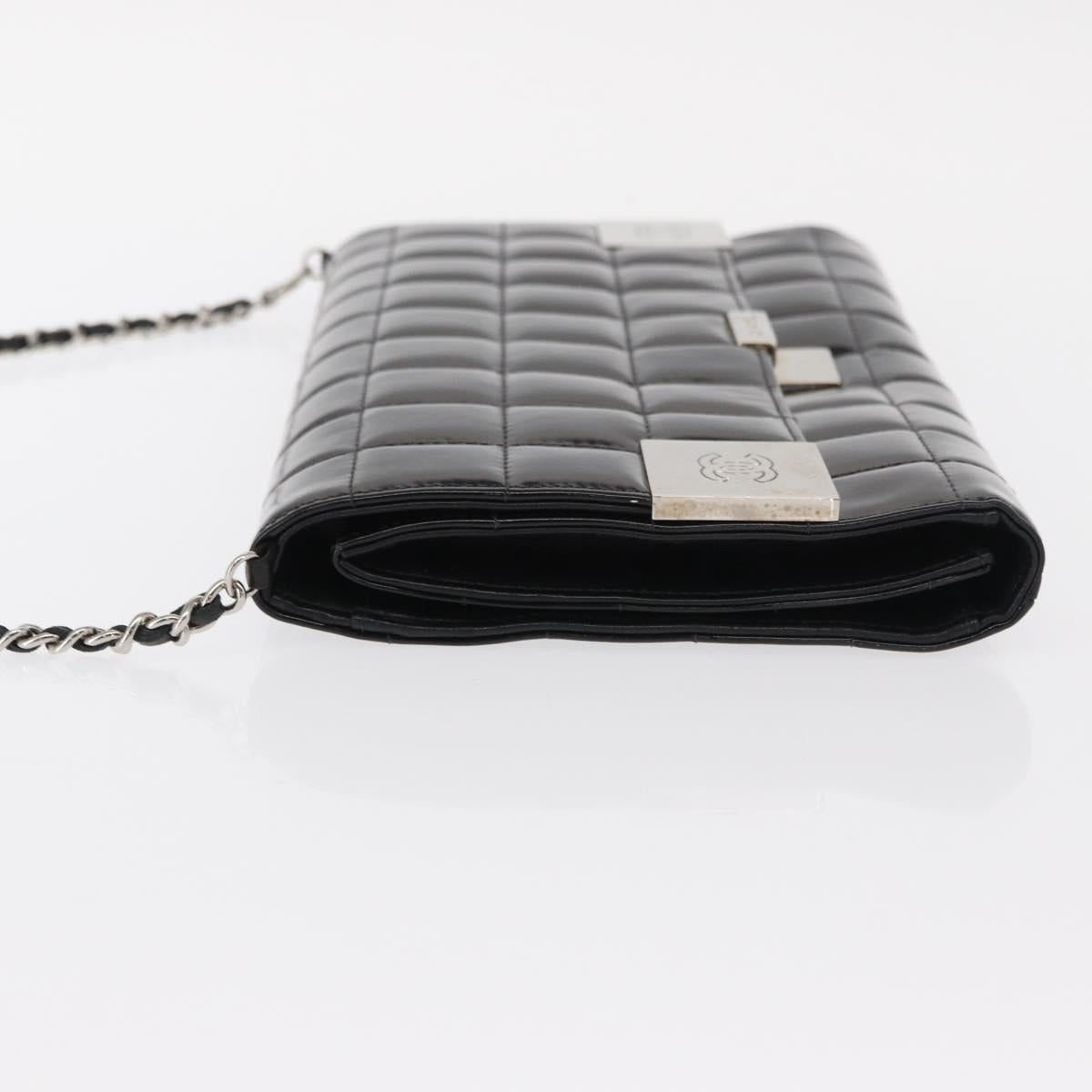 CHANEL Choco Bar Chain Shoulder Bag patent Black Silver CC Auth 153210