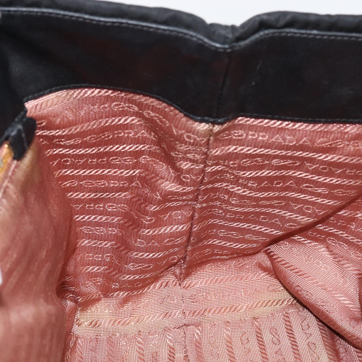 PRADA ribbon Hand Bag Nylon Leather Black Gold Auth 153236