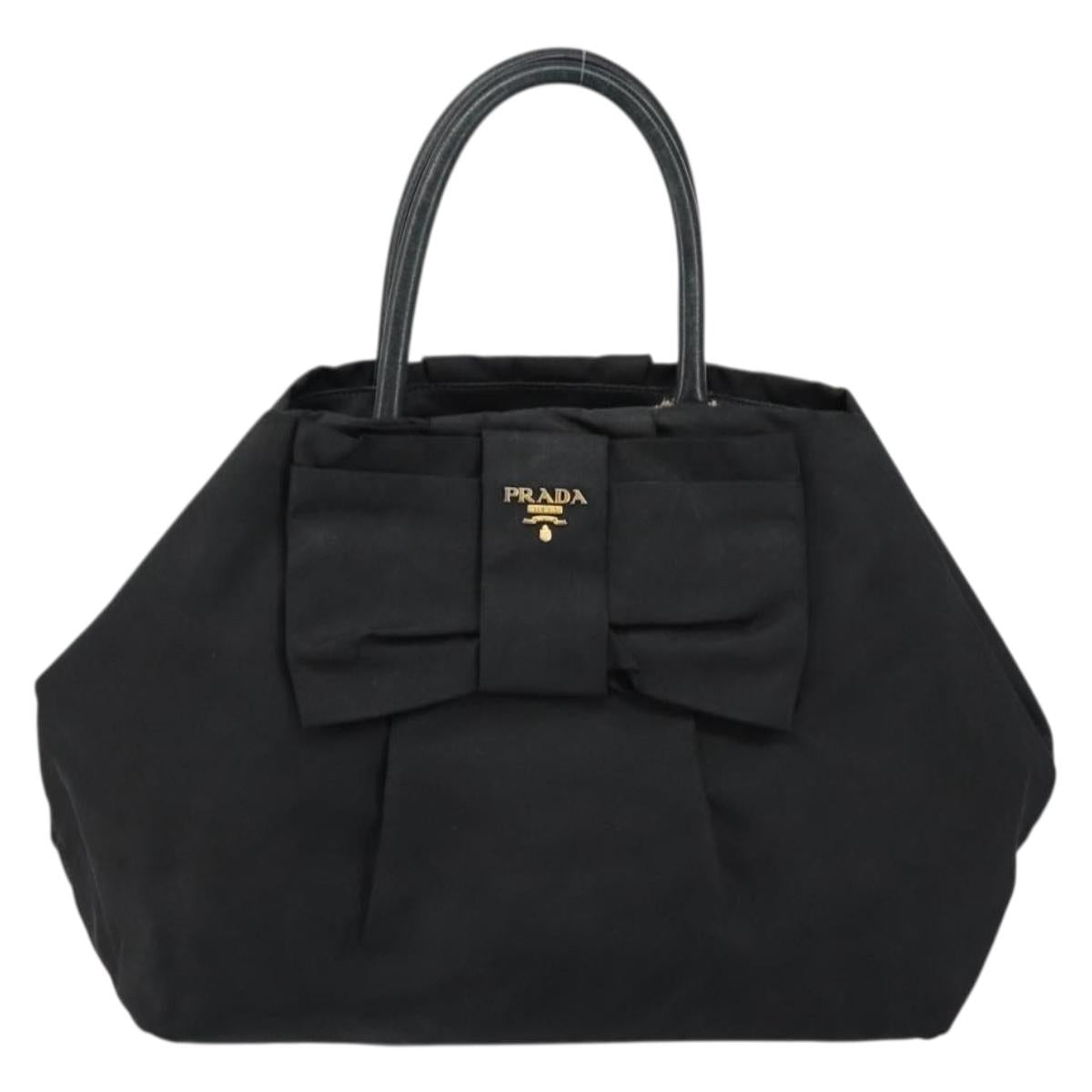 PRADA ribbon Hand Bag Nylon Leather Black Gold Auth 153236