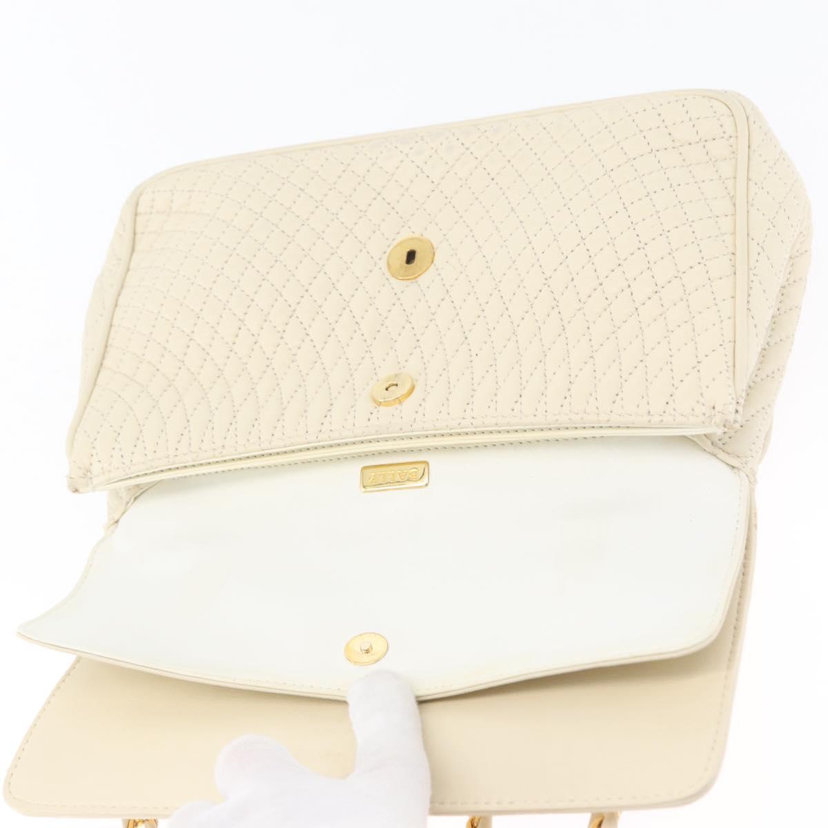 BALLY Quilted Chain Shoulder Bag Leather White Gold Auth 153254