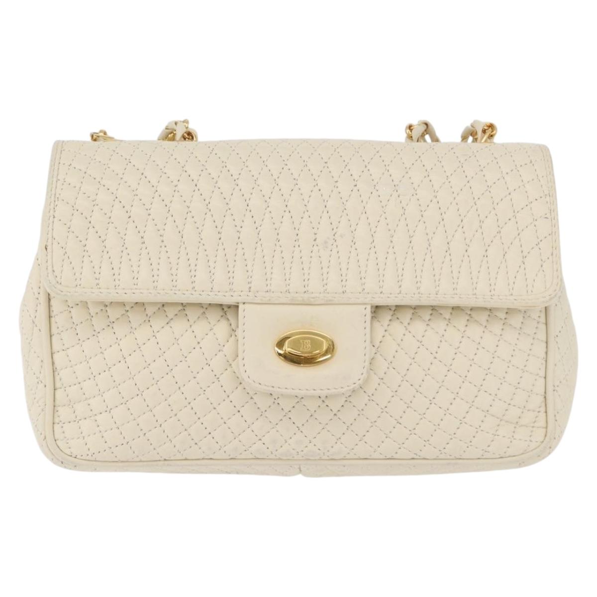BALLY Quilted Chain Shoulder Bag Leather White Gold Auth 153254