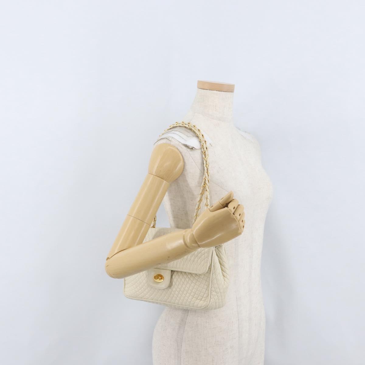 BALLY Quilted Chain Shoulder Bag Leather White Gold Auth 153254